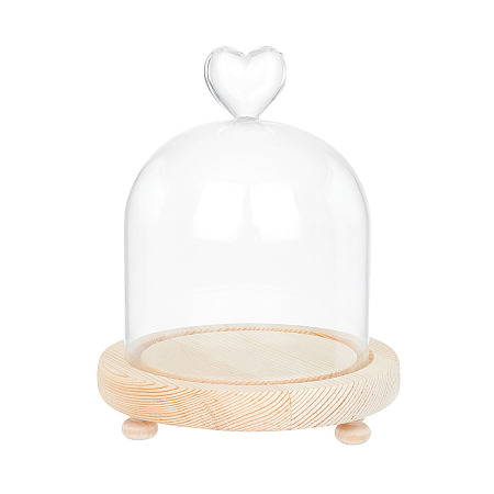 Nbeads High Borosilicate Glass Dome Cover, Heart Decorative Display Case, Cloche Bell Jar Terrarium with Feet Wood Base, Clear, 100x130mm