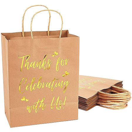Pandahall Elite Thank You Gift Bags Bulk with Handles, 12 Pack Brown Gold Foil Kraft Paper Bags Party Favor Bags for Wedding Birthday Baby Shower Shopping Merchandise, 8