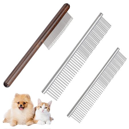 NBEADS 3 Pcs Dog Combs, Pet Comb with Rounded Ends Stainless Steel Teeth Dog Grooming Comb Macrame Tassel Brush Supplies For Macrame Fringe Cord Pet Dog Cat Grooming Comb