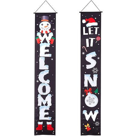 CREATCABIN Merry Christmas Banners Welcome Snowflake Snowman Decorations Let It Snow Black Xmas Gift Decor Porch Sign for Indoor Outdoor Holiday Home Party Porch Wall Christmas 11.8 x 70.9inch