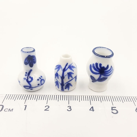 Honeyhandy Blue and White Porcelain Vase Miniature Ornaments, Micro Landscape Garden Dollhouse Accessories, Pretending Prop Decorations, Bamboo, Chrysanthemum & Plum Blossom Pattern, White, 13x18~20mm, 3pcs/set