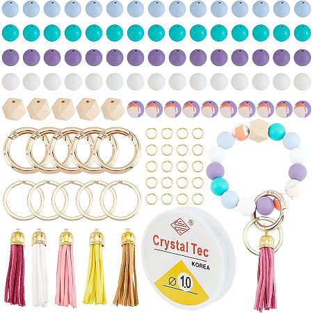 CHGCRAFT 111Pcs Silicone Beads Making kit with Candy-Color Round Silicone Beads Brass Suede Tassels Wood Beads Split Key Ring Spring Gate Rings Elastic Thread for DIY Keychain Bracelet Bangle