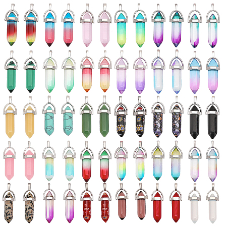 Globleland Bullet Pendant Jewelry Making Finding Kit, Including Natural & Synthetic Mixed Gemstone & Glass Double Terminal Pointed Pendants, Mixed Color, 40~42x13~13.5x10mm, Hole: 3.5~4x4~6mm, 60Pcs/box