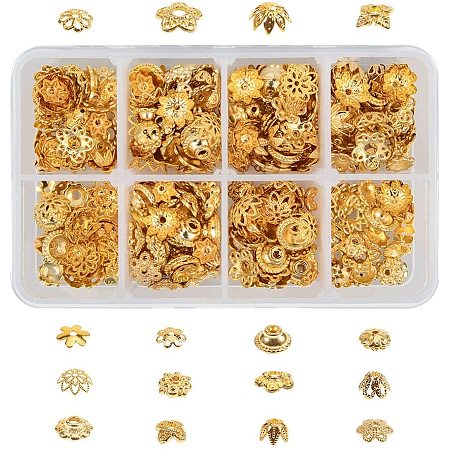 NBEADS 400 Pcs Metal Bead End Caps with Clear Box, Golden Color 16 Different Kinds of Filigree Flower Petal Brass Bead Caps Alloy Beads Spacer Accessories for Bracelet Necklace DIY Jewelry Making