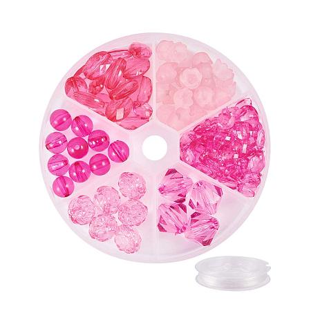 PandaHall Elite 60pcs 5 Style Pink Series Acrylic Beads (Bicone, Round, Flower, Oval), 60pcs Pink Drop Faceted Charms with Crystal Elastic Thread for Jewelry Making (0.8mm; 10m/roll)