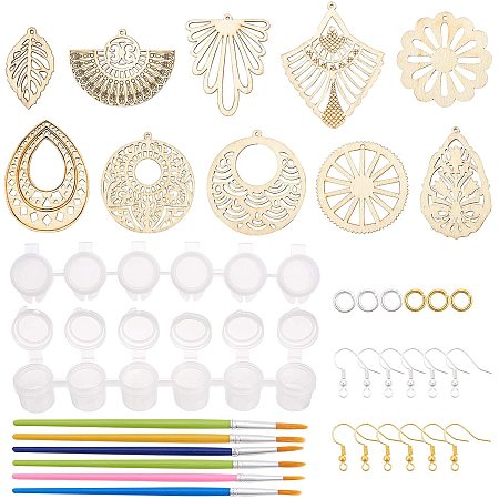 PH PandaHall Unfinished Wood Earring Making Kit, 40pcs 10 Shapes Filigree Earring Dangle Charms, Art Brushes Pen, 3ml Paint Pots Strips and Accessories for Women Earrings Jewelry DIY Craft Making