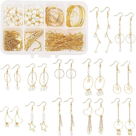 SUNNYCLUE 1 Box DIY Make 12 Pairs Pearl Geometric Earring Making Starter Kit Including Pear Beads Star Heart Linking Rings Earring Supplies for Women DIY Earring Jewelry Making Crafts