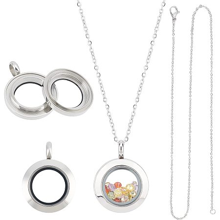 UNICRAFTALE 2pcs Stainless Steel Floating Locket Pendants Crystal Double Sided Frame Memory Locket Charm Glass Container Memory Flat Round Charm with 450mm Necklace for Jewelry Making