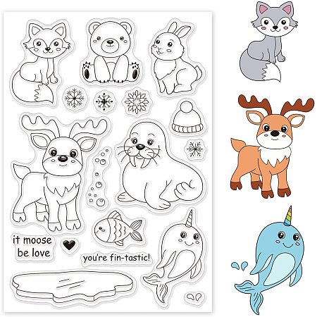 GLOBLELAND Animals Silicone Clear Stamps Reindeer Polar Bear Rabbit Walrus Narwhal Fish Transparent Stamps for Holiday Greeting Cards Making DIY Scrapbooking Photo Album Decoration Paper Craft