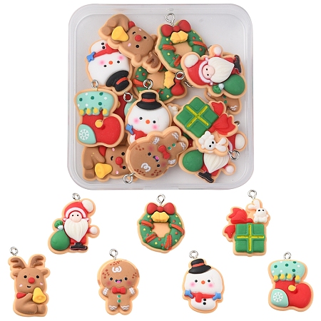 Honeyhandy 14Pcs 7 Styles Christmas Theme Opaque Resin Pendants, with Platinum Tone Iron Loops, Snowman & Reindeer & Santa Claus, Mixed Shapes, Mixed Color, 26~31x18~22x5~6.5mm, Hole: 2mm, 2pcs/style