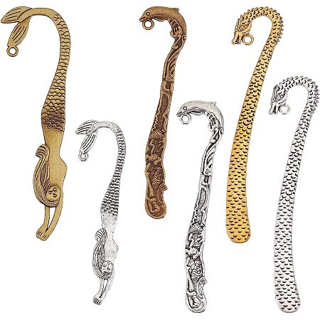 SUNNYCLUE 1 Box 12Pcs Metal Bookmarks Hook Bookmark Vintage Style Alloy Hook Bookmarks Hairpin Carved Mermaid Book Markers Dragon Charm Pendants for Books Lovers Teacher's Day Back to School Gift
