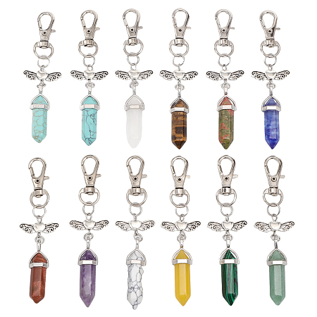 CHGCRAFT 12Colors Angel Wing Gemstone Chakra Pendants Natural Gemstone Hexagonal Shaped Angel Wing Charms with Lobster Clasps for Keychain Bag Decoration DIY Craft, Mixed Color