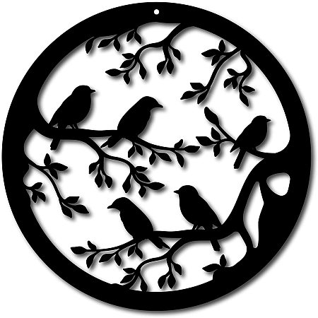 CREATCABIN Metal Wall Art Birds On Branch Round Wall Decor Black Wall Signs Hanging Sculpture for Home Bedroom Kitchen Garden Housewarming Gift Christmas Halloween Holiday Wall Decoration 12 x 12inch
