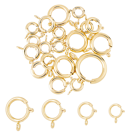 SUPERFINDINGS 20Pcs 4 Sizes Eco-friendly Brass Spring Ring Clasps, Long-Lasting Plated, Real 24K Gold Plated, 9~21x7~17.5x2~2.5mm, Hole: 1.5~2.6mm, Inner Diameter: 3~11mm
