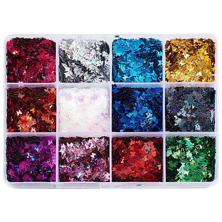 Olycraft 48G 12 Colors Laser PET Nail Sequins Care Decoration, Nail Art Decoration Accessories for Women, Butterfly, Mixed Color, 3mm, 4g/color
