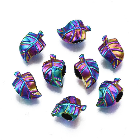 Rack Plating Rainbow Color Alloy European Beads, Large Hole Beads, Cadmium Free & Nickel Free & Lead Free, Leaf, Multi-color, 15x9.5x8.5mm, Hole: 4.5mm