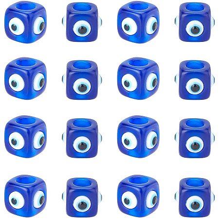 NBEADS 20 Pcs Large Hole Evil Eyes Beads Cube, Resin Evil Eye Beads Royal Blue European Spacer Charms for Bracelets Necklace Jewelry Making, Hole: 6.5mm