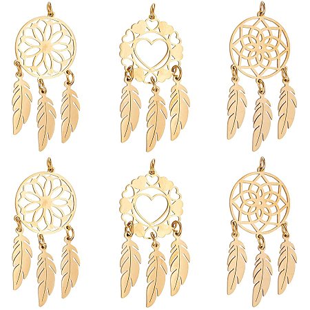DICOSMETIC 6Pcs 3 Style Stainless Steel Golden Dreamcatcher Pendant with Feather Indians Style Dream Catcher Pendant Woven Net Charm for Bracelet Necklace Earrings Making