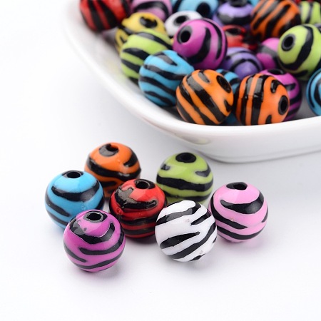 Arricraft Mixed Zebra Striped Acrylic Beads, Round, Size: about 11mm in diameter, hole: 2.5mm