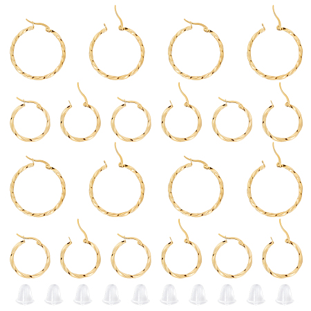 UNICRAFTALE 201 Stainless Steel Hoop Earrings, with 304 Stainless Steel Pins and Plastic Ear Nuts, Twisted Ring Shape, Golden, 34.5x2.5mm & 25x2.5mm, Pin: 1x0.7mm; 20pairs/box
