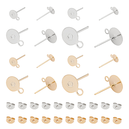 Unicraftale 304 Stainless Steel Stud Earring Findings, Flat Pad Earring Post, with 80PCS Ear Nuts, Golden & Stainless Steel Color, 5~10mm, Hole: 1mm, Pin: 0.8mm; 80pcs/box