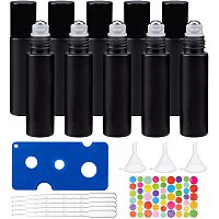 BENECREAT 12 Pack 10ml Black Glass Roller Bottle Mini Essential Oil Roll on Bottle with 4PCS Funnels, 2PC Opener, 10PCS 3ml Droppers and 1 Sheet Sticker for Aromatherapy Perfume