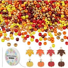 OLYCRAFT 180g 4~5mm Tiny Beads Glass Seed Beads Thanksgiving Day DIY Craft Beads with 32pcs Maple Leaf Pumpkin Pendants Elastic Crystal Thread and Big Eye Beading Needles for Bracelet Earrings Necklac