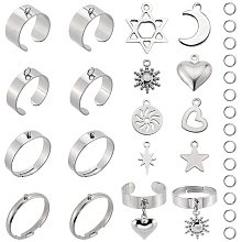 SUNNYCLUE DIY Charm Finger Ring Making Kit, Including 304 Stainless Steel Loop Ring Bases & Jump Rings & Pendants, Star of David & Moon & Star & Sun, Stainless Steel Color, 36Pcs/box