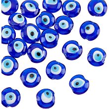 NBEADS About 24 Pcs Glass Evil Eye Beads, 15mm Blue Handmade Lampwork Beads Flat Round Evil Eye Charms Turkish Evil Eye Spacer Beads for Jewelry Necklace Bracelet Earrings