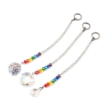 Honeyhandy Chakra Crystal Suncatcher Dowsing Pendulum Pendants, with 304 Stainless Steel Split Key Rings, Glass Beads, Velvet Bag, Leaf & Heart & Ball Shape, Stainless Steel Color, Colorful, 23.5cm, 24cm, 3pcs/set