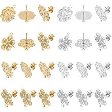 UNICRAFTALE 24pcs 2 Styles Flower Post Stud Earrings 2 Colors Hypoallergenic Stud Earrings with Loop Metal Earring for Jewelry Making17.5~18x15~15.5mm