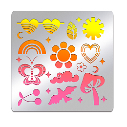 BENECREAT Cartoon Pattern Metal Stencil, Square Stainless Steel Sun Rainbow Butterfly Template Stencil for Scrapbooking Engraving, Pyrography, Journal, 6x6 inch