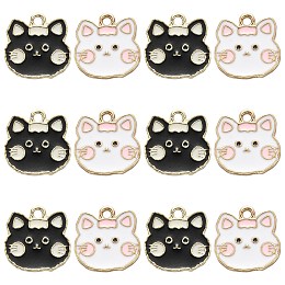 20Pcs 2 Colors Alloy Enamel Pendants, Light Gold, Cat, White, 16x15.5x1.5mm, Hole: 1.8mm, 10pcs/color