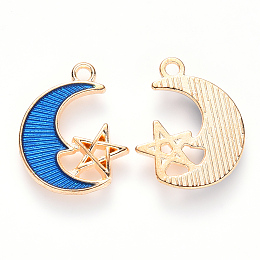 Honeyhandy Alloy Enamel Pendants, Moon with Star, Light Gold, Blue, 19x16x2mm, Hole: 1.8mm