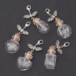 Honeyhandy Mixed Shape Glass Bottle Big Pendants, with Tibetan Style Butterfly Bead and Brass Lobster Claw Clasps, Clear, 55~58mm, Bottle Capacity: 1~2.5ml(0.03~0.08 fl. oz)