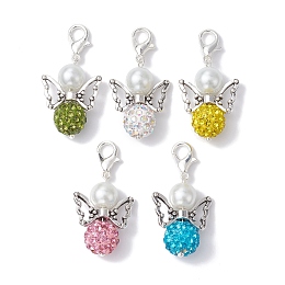 Honeyhandy Angel Polymer Clay Rhinestone Bead & Glass Pearl Pendant Decorations, with Alloy Lobster Claw Clasps, Mixed Color, 34mm