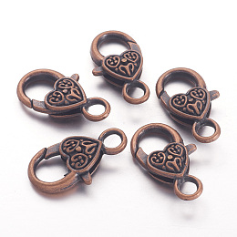 Honeyhandy Tibetan Style Heart Lobster Claw Clasps, Cadmium Free & Lead Free, Red Copper, 25.5x14x6mm, Hole: 4mm