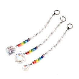 Honeyhandy Chakra Crystal Suncatcher Dowsing Pendulum Pendants, with 304 Stainless Steel Split Key Rings, Glass Beads, Velvet Bag, Leaf & Heart & Ball Shape, Stainless Steel Color, Colorful, 23.5cm, 24cm, 3pcs/set