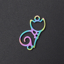 Honeyhandy Ion Plating(IP) 201 Stainless Steel Links, Laser Cut, Cat, Rainbow Color, 16.5x8.5x1mm, Hole: 1.4mm