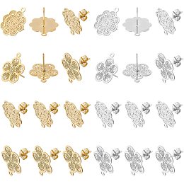 UNICRAFTALE 24pcs 2 Styles Flower Post Stud Earrings 2 Colors Hypoallergenic Stud Earrings with Loop Metal Earring for Jewelry Making17.5~18x15~15.5mm