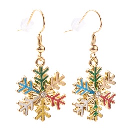 Honeyhandy Alloy Enamel Snowflake Dangle Earrings for Christmas, with Rhinestone, Brass Earring Hooks & Ear Nuts, Colorful, Golden, 40mm, Pin: 0.5mm