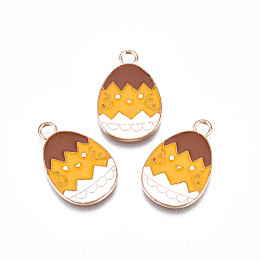 Honeyhandy Alloy Enamel Pendants, Light Gold, Cadmium Free & Lead Free, Easter Egg Shape with Chick, Orange, 22x14x1.5mm, Hole: 2mm