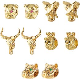 NBEADS 10 Pcs Animal Head Spacer Beads, Lion Leopard Elephant Bulldog Head Shape Beads Brass Micro Pave Cubic Zirconia Beads for Necklace Bracelets DIY Jewelry Making, Golden