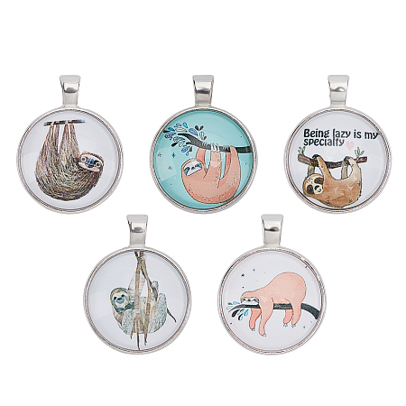 Alloy Glass Pendants, Flat Round with Sloth, Silver Color Plated, Mixed Color, 35.5x27.5x7mm, Hole: 5x3.5mm; 5pcs/set