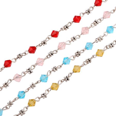 PandaHall Elite 5 Strands 3.3 Feet Faceted Crystal Glass Beads Chain Link with Tibetan Style Flower Spacer Beads and Eye Pin for Necklaces Bracelets Jewelry Making
