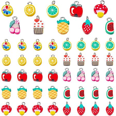 PandaHall Elite 160pcs Polymer Clay Pendants 10 Styles Slime Fruit Pendant Strawberry Pineapple Banana Colorful Clay Charms with Iron Loop for Phone Strap Keychain Bag Pendant Jewelry Accessory, 12~16mm