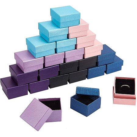 NBEADS 24 Pcs 5x5x3.1cm Cardboard Ring Boxes, 6 Colors Jewelry Ring Storage Box Cardboard Display Boxes with Sponge Mat for Anniversaries Weddings Birthdays