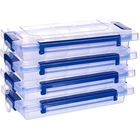 BENECREAT 4 Packs Plastic Adjustable Divider Storage Box with 15 Compartments, 1 Sheet Labels, for Beads, Button, Small craft Parts and Accessories