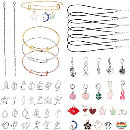 NBEADS 1 Set DIY Jewelry Kits, Alphabet A-Z Pendant Round Beads and Adjustable Wire Bracelets for Bracelet Jewelry Making