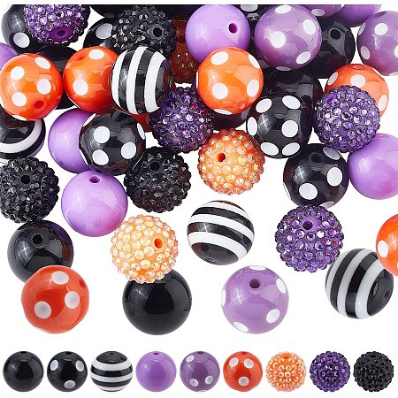 OLYCRAFT 48pcs 20mm Chunky Bubblegum Beads Mixed Rhinestone Beads Chunky Beads with Polka Dot Opaque Acrylic Beads Striped Beads 9-Style Loose Spacer Beads for Bracelet Necklace DIY Making